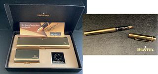 Sheaffer Signed Targa Imperial Brass Fountain Pen in  Box 14k Gold nib. Sheaffer Targa Imperial Brass fountain pen in original box.  Has a 14k gold ni