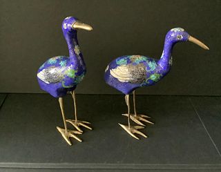 Chinese Export Cloisonne Enamel Cranes Bird Figurines 5.5 inches Tall Pair