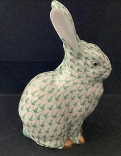 HEREND Signed Bunny Rabbit Green Fishnet Figurine