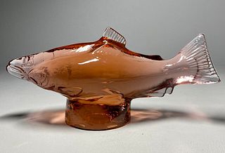 Kosta Boda Svenskt Glas  Signed Orangy Pinky Sweden Glass Art Figurine by Paul Hoff for WWF Fish. 