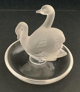 LALIQUE Signed Crystal  2 Swans Art Glass. Made in France