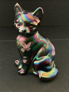 Fenton Signed Amethyst Carnival Glass Cat - Hand Painted