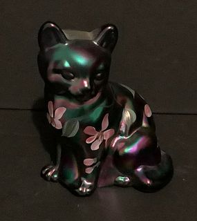 Fenton Signed Cat Iridescent Carnival Glass Hand Painted