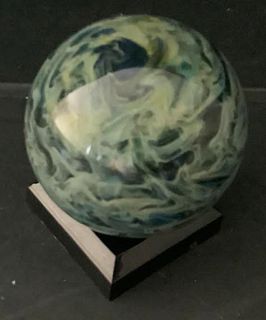 JUBA SIGNED GLASS "PLANET" MARBLE SPHERE WITH STAND Blues, Greens, Sparkling iridescence