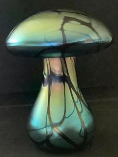 Mayauel Ward Signed Blue Iridescent Mushroom Paperweight.