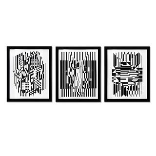 Victor Vasarely (1908-1997), "Tilla, Calcis, et Afa de la serie Lineaires (Triptych)" Framed 1973 Heliogravure Prints with Letter of Authenticity
