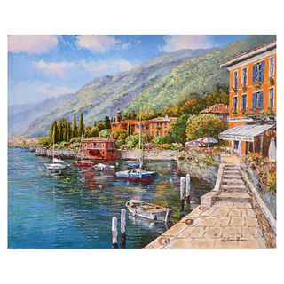 Sam Park, "Lake Como Villa" Hand Embellished Limited Edition Serigraph on Canvas, Numbered and Hand Signed with Letter of Authenticity.