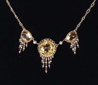 Arts & Crafts 14k Gold Faceted Citrine Necklace c1905