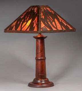 Minneapolis Handicraft Guild Hammered Copper & Mica Eucalyptus Leaf Lamp c1910
