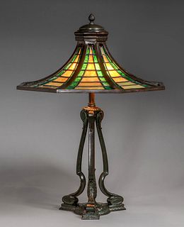 Pairpoint Bronze Leaded Glass Lamp c1910