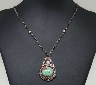 Arts & Crafts Mixed Metal Turquoise & Pearl Pendant Necklace c1905