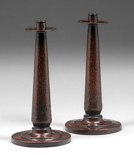 Stickley Brothers #112 Hammered Copper Candlesticks c1910
