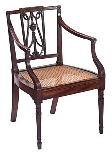 Fine American Federal Carved Mahogany Caned Open Armchair