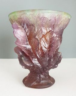 Signed Daum France Pate De Verre Fig Leaves Lizard Art Glass Vase