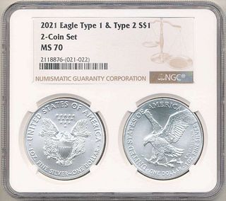 2021 American Silver Eagle Type 1 & 2 NGC MS70 (2-coin) Set