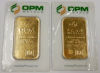 (2) OPM Metals Fine Gold 1 Troy Oz. Bars.