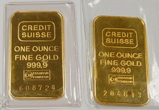 (2) Credit Suisse Fine Gold 1 Troy Oz. Bars.