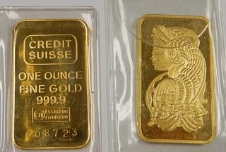 (2) PAMP & Credit Suisse Fine Gold 1 Troy Oz. Bars.