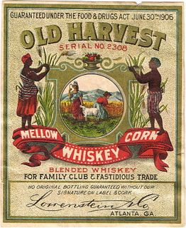 1910 Lowenstein's Old Harvest Corn Whiskey Label Atlanta Georgia