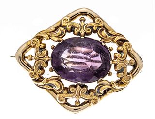 Biedermeier amethyst brooch c. 1850 GG 375/000 unstamped, tested, with an oval faceted amethyst 22,3