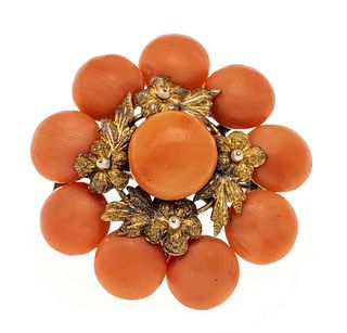 Round Biedermeier coral brooch metal partly gilded with bouton-shaped coral cabochons 10 and 8 mm,