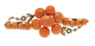 Coral river bead brooch RG 333/000 with coral beads 8 - 2,5 mm and river beads, needle gold