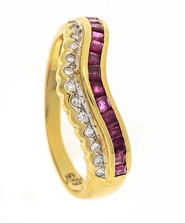 Ruby diamond ring GG 585/000 with 14 carresch cut rubies 1,7 x 1,7 mm and 13 octagonal diamonds,
