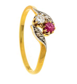 Art nouveau ring GG 750/000 with one old cut diamond 0,10 ct one round faceted ruby 3 mm and 6