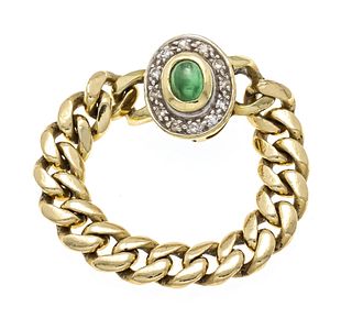 Chain ring GG/WG 585/000 with one oval emerald cabochon and 12 octagonal diamonds, total 0,06 ct
