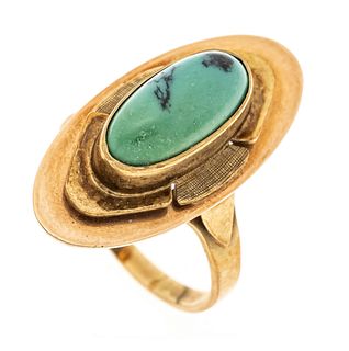Turquoise ring around 1940 GG 585/000 with one oval matrix turquoise cabochon 14,0 x 6,6 mm, RG