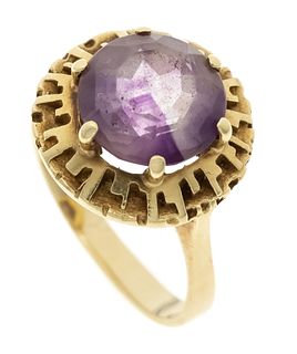 Amethyst ring 585/000 with one round faceted amethyst 10 mm, RG 51, ring band slightly bent, 5,6 g