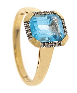 Blue topaz diamond ring GG/WG 585/000 with one emerald cut faceted blue topaz 10 x 8 mm and 18