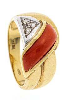 Coral diamond ring GG/WG 585/000 with one coral element 13 x 4 mm, orange-red, and 3 brilliant-cut