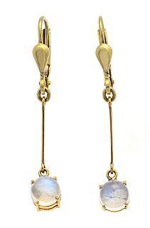Moonstone earrings GG 585/000 with 2 round moonstone cabochons 5 mm, l. 35 mm, 1,8 g