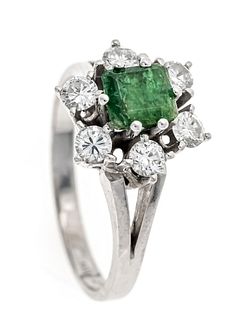 Emerald diamond ring WG 585/000 with an emerald cut faceted emerald 0,91 ct (engraved), green,