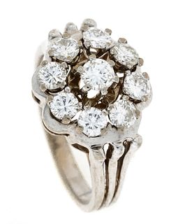 Brilliant ring WG 585/000 with 9 brilliant-cut diamonds add. 1,0 ct lightly toned W/VVS, RG 52, 5,