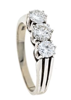 Brilliant ring WG 590/000 with three brilliant-cut diamonds comp. 1,0 ct W/VS (one roundel