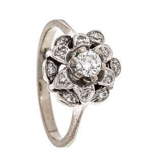 Flower ring WG 585/000 with one brilliant-cut diamond 0.22 ct TW-W/VS-SI and 12 octagonal