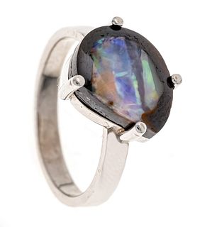 Opal ring WG 750/000 with a cut boulder opal 13.5 x 10 mm, vivid play of colors, RG 56, 6.5 g
