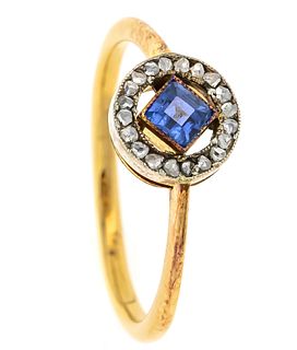 Sapphire-diamond rose ring GG 585/000 with a faceted blue carrÃ©e-cut sapphire 3.5 mm and 19