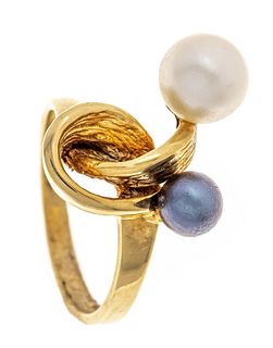 Pearl ring GG 585/000 with one Akoya pearl 7 mm and one tahiti cultured pearl 5 mm, RG 56, 6.1 g