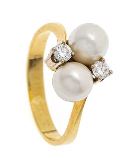 Akoya diamond ring GG/WG 750/000 with 2 creamy white Akoya pearls 6,3 mm and 2 diamonds, add. 0,18