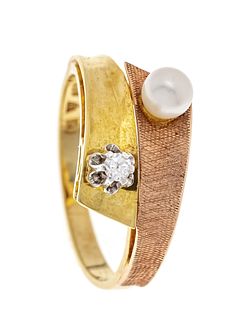 Pearl diamond ring GG/RG 585/000 with an Akoya pearl 4 mm and a diamond 0.03 ct W/PI, RG 54, 3.2 g