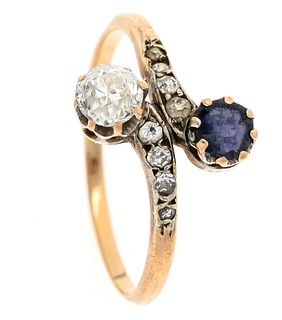 Art Nouveau sapphire old-cut diamond ring GG/WG 585/000 with a blue round faceted sapphire 4 mm,