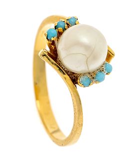 Akoya pearl-turquoise ring GG 585/000 with one creamy white Akoya pearl 7 mm (surface slightly