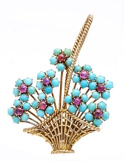 Flower basket brooch RG 585/000 with 45 round turquoise cabochons 3,5 mm and 9 round ruby