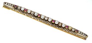 Art Deco bar brooch GG/WG 585/000 unstamped, tested, with creamy white - yellowish oriental pearls