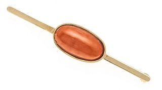 Coral bar pin GG 585/000 with an oval coral cabochon 18 x 9.5 mm, salmon orange, l. 56 mm, 5.9 g