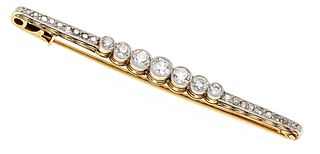 Art DÃ©co bar brooch GG/WG 585/000 unstamped, tested, with 7 old cut diamonds, l. 0,58 ct Wesselton -