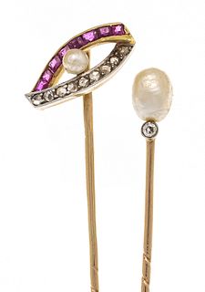 2 pearl diamond pins GG 585/000 with faceted ruby, pearls 5.5 and 2.5 mm, old cut diamond and